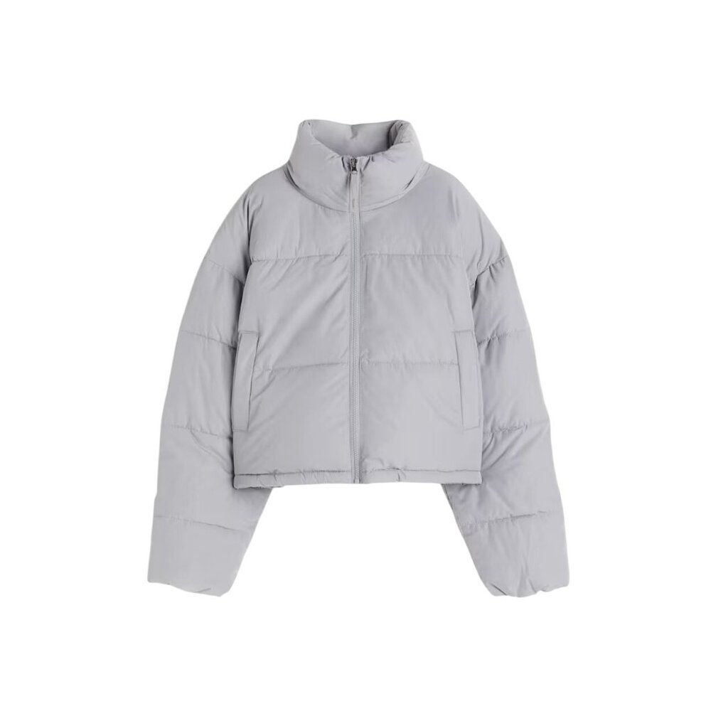 H&M Light Gray Cropped Puffer Jacket With Stand-Up Collar